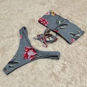 Zaful Floral Lace-Up Bandeau Bikini